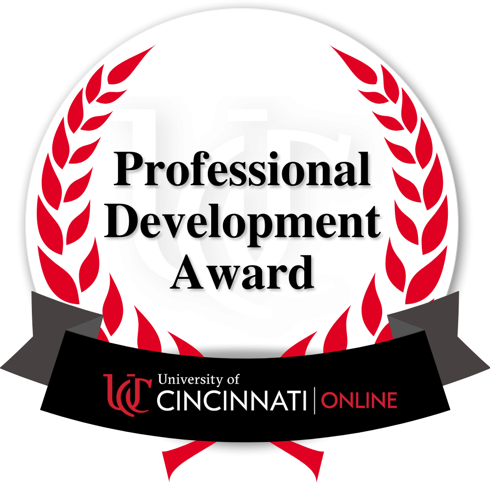 A badge that reads "Professional Development Award" with the University of Cincinnati Online logo across the bottom.