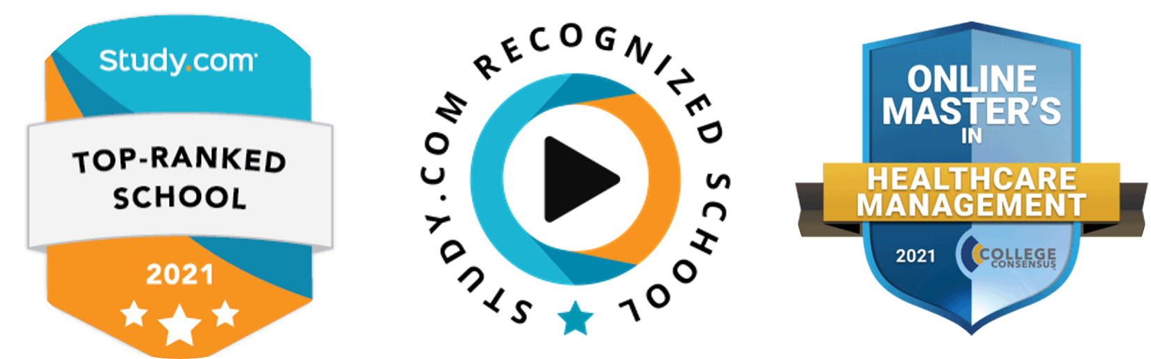 An image of three badges. One badge is for Study.com Top-ranked schools. The second is Study.com Recognized schools, and the third is College Consensus online master's in healthcare management ranking.
