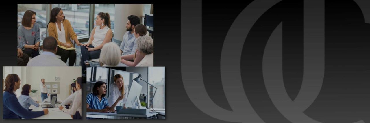 Masters in Community Health students and professors collaborating in a collage of UC classroom settings.