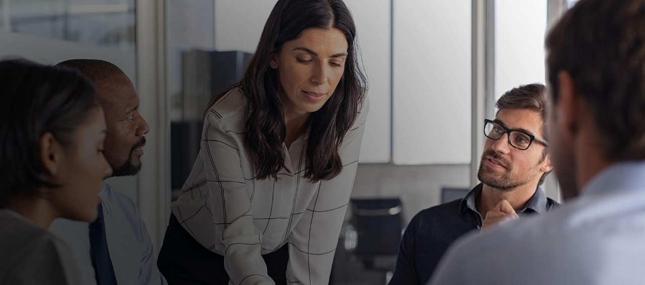 Business management technology professional leading a group presentation.